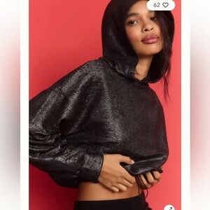 Pilcro Anthropologie Black foil Hoodie Sweater shimmer throughout draw string XL